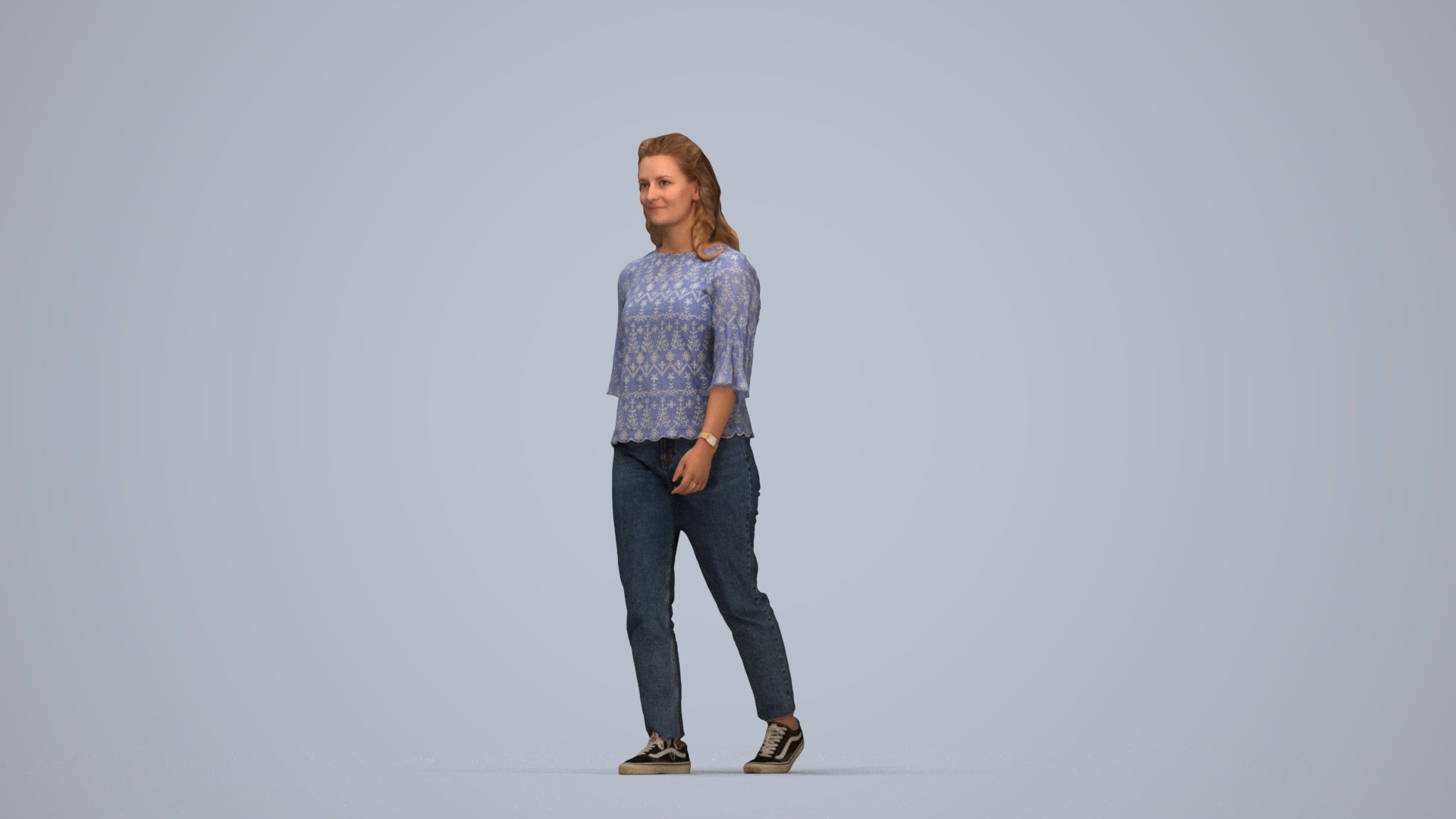 3D scanned woman walking casual, photorealistic archviz people for Enscape and SketchUp, top-down view render