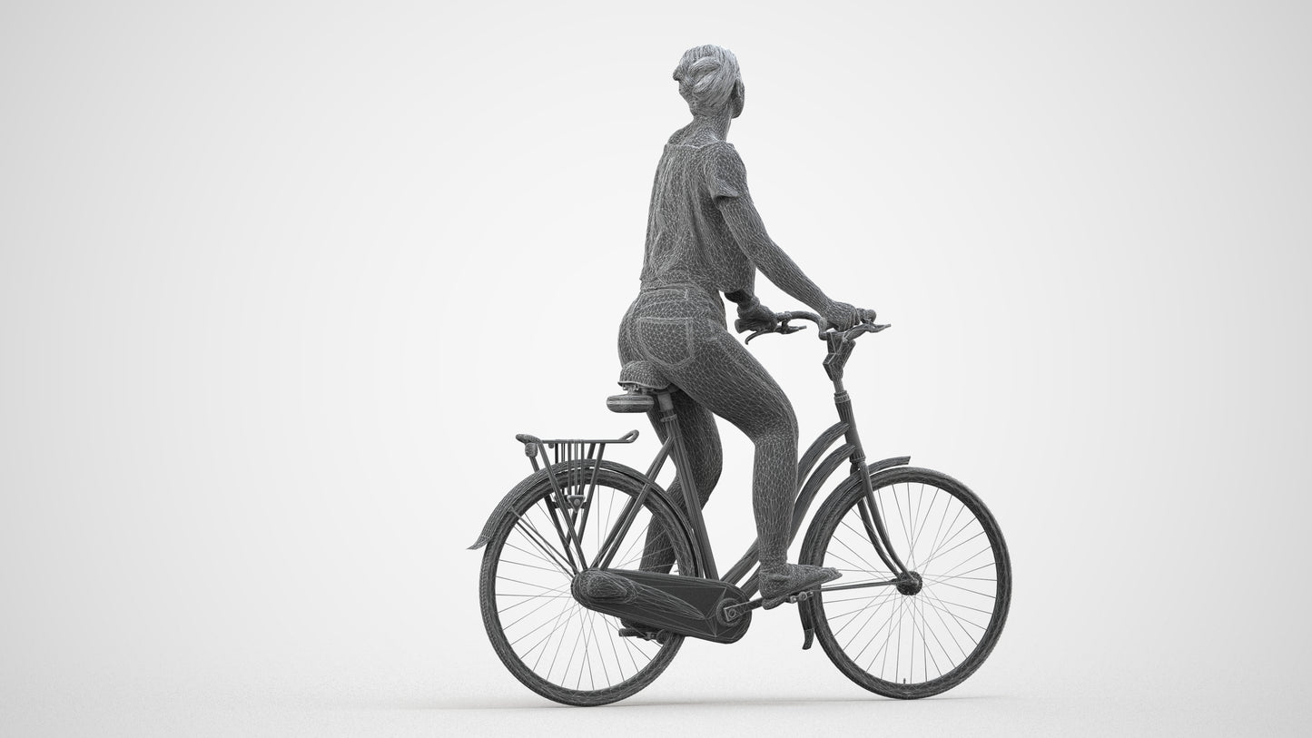 3D people model woman casual cycling, scanned human for 3ds Max rendering, wireframe side view