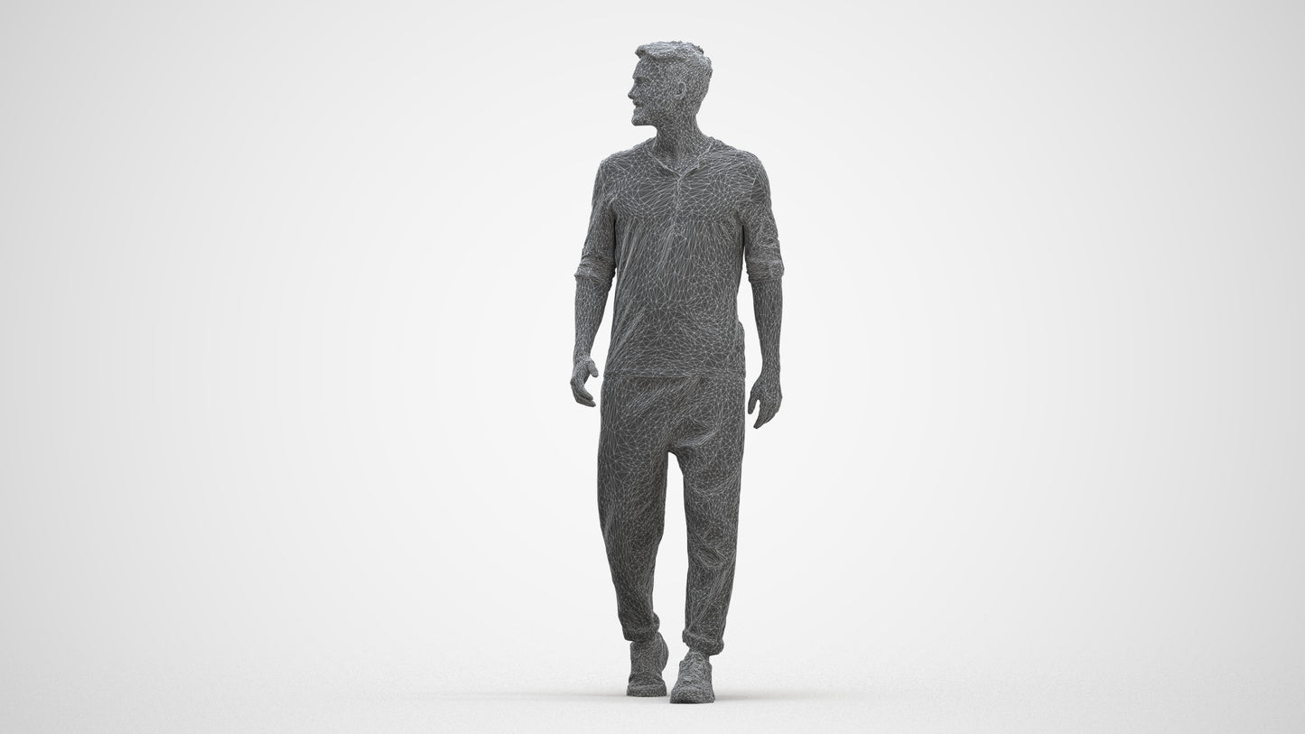 realistic 3D human man casual walking, archviz people FBX OBJ for Blender, three-quarter front view render