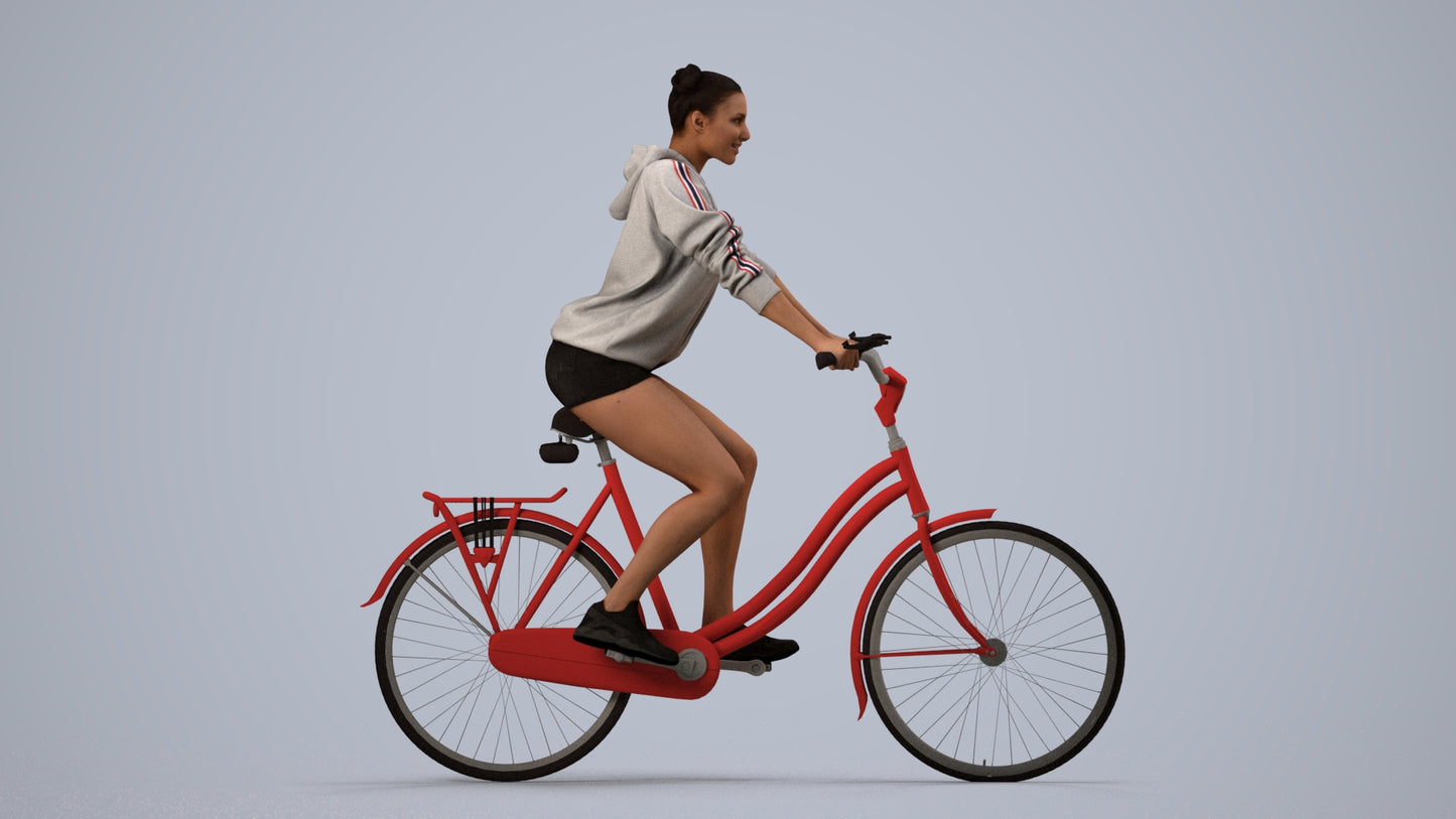 scanned 3D woman casual cycling, photogrammetry people for Enscape and V-Ray, side view render