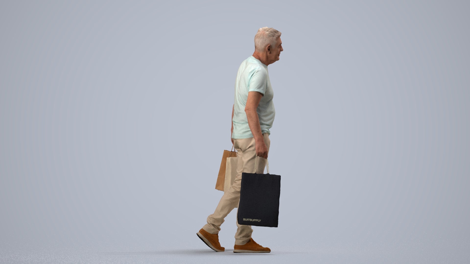 photogrammetry 3D senior man casual shopping, realistic human model archviz FBX, side view render