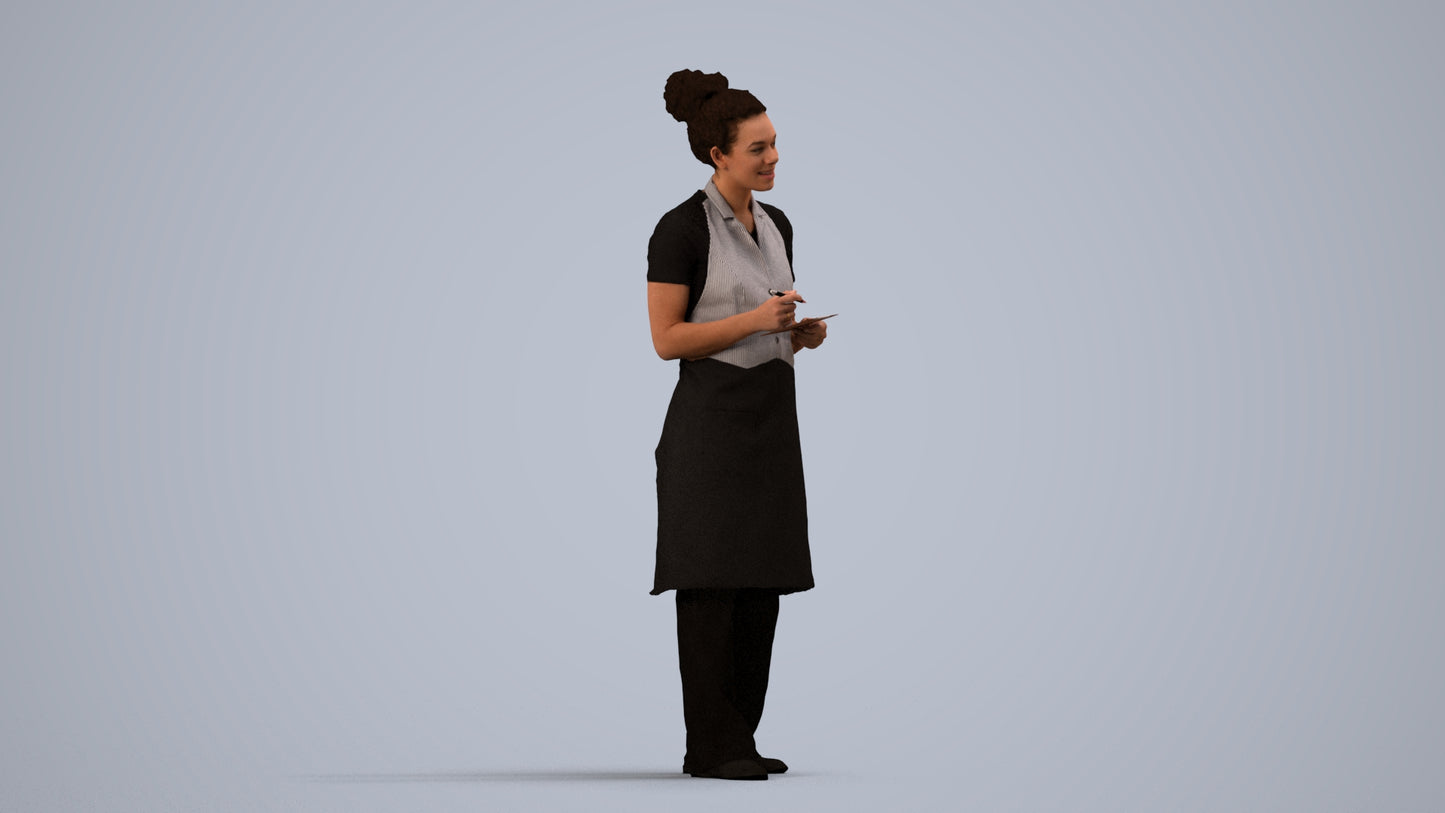 realistic 3D people woman hospitality, render-ready for V-Ray and Corona, FBX OBJ, side view render