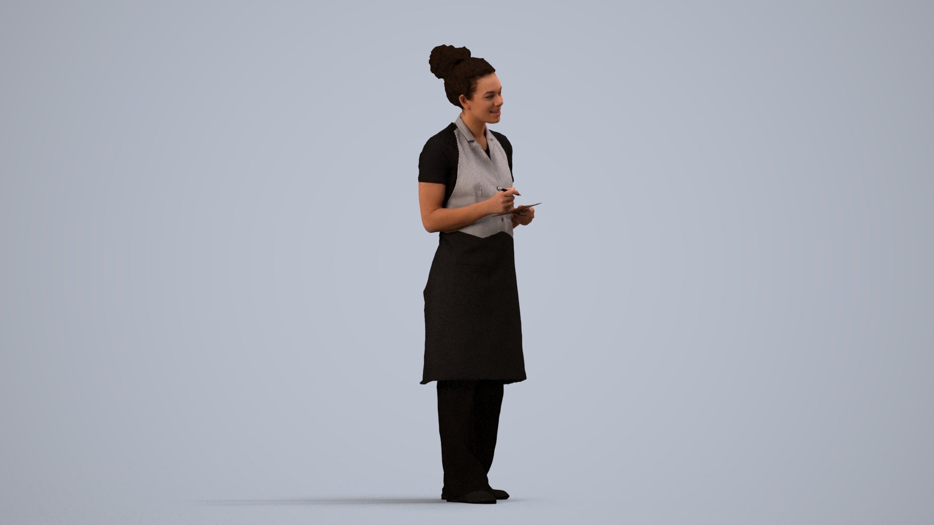 realistic 3D people woman hospitality, render-ready for V-Ray and Corona, FBX OBJ, side view render