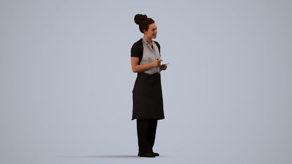 realistic 3D people woman hospitality, render-ready for V-Ray and Corona, FBX OBJ, side view render