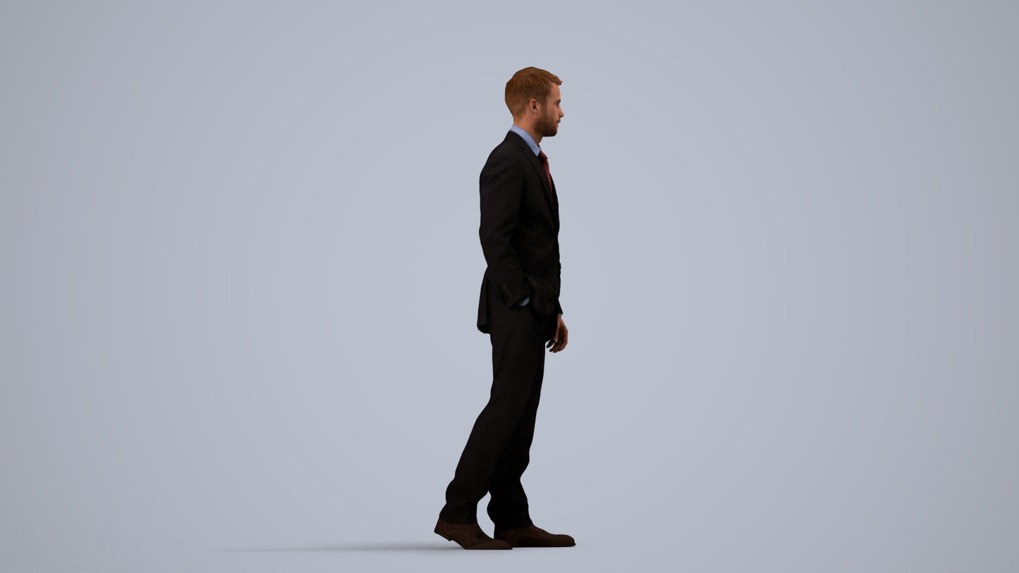 3D human model man business standing, photogrammetry scanned person for archviz, side view render