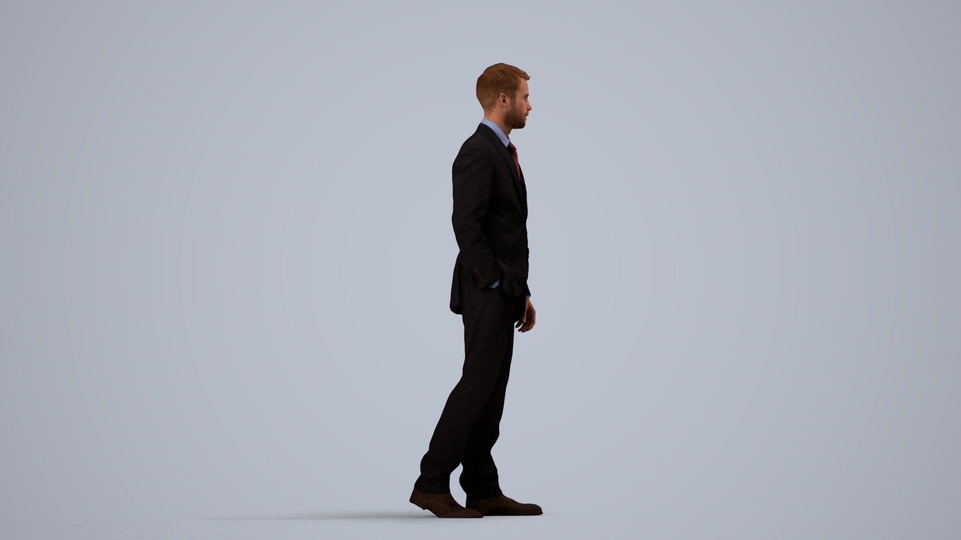 3D human model man business standing, photogrammetry scanned person for archviz, side view render