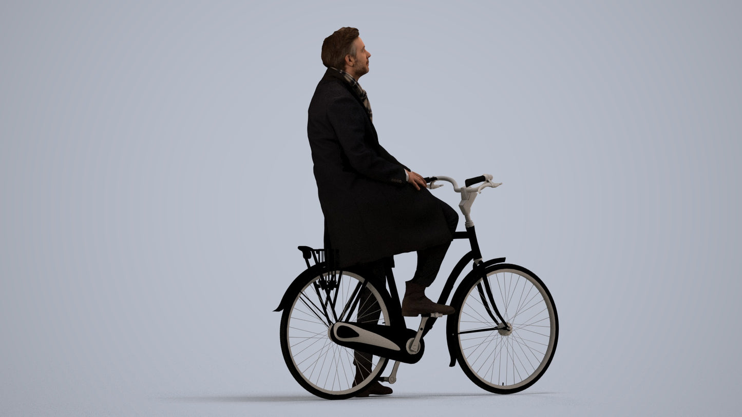 3D scanned man cycling business, photorealistic archviz people for Enscape and SketchUp, side view render