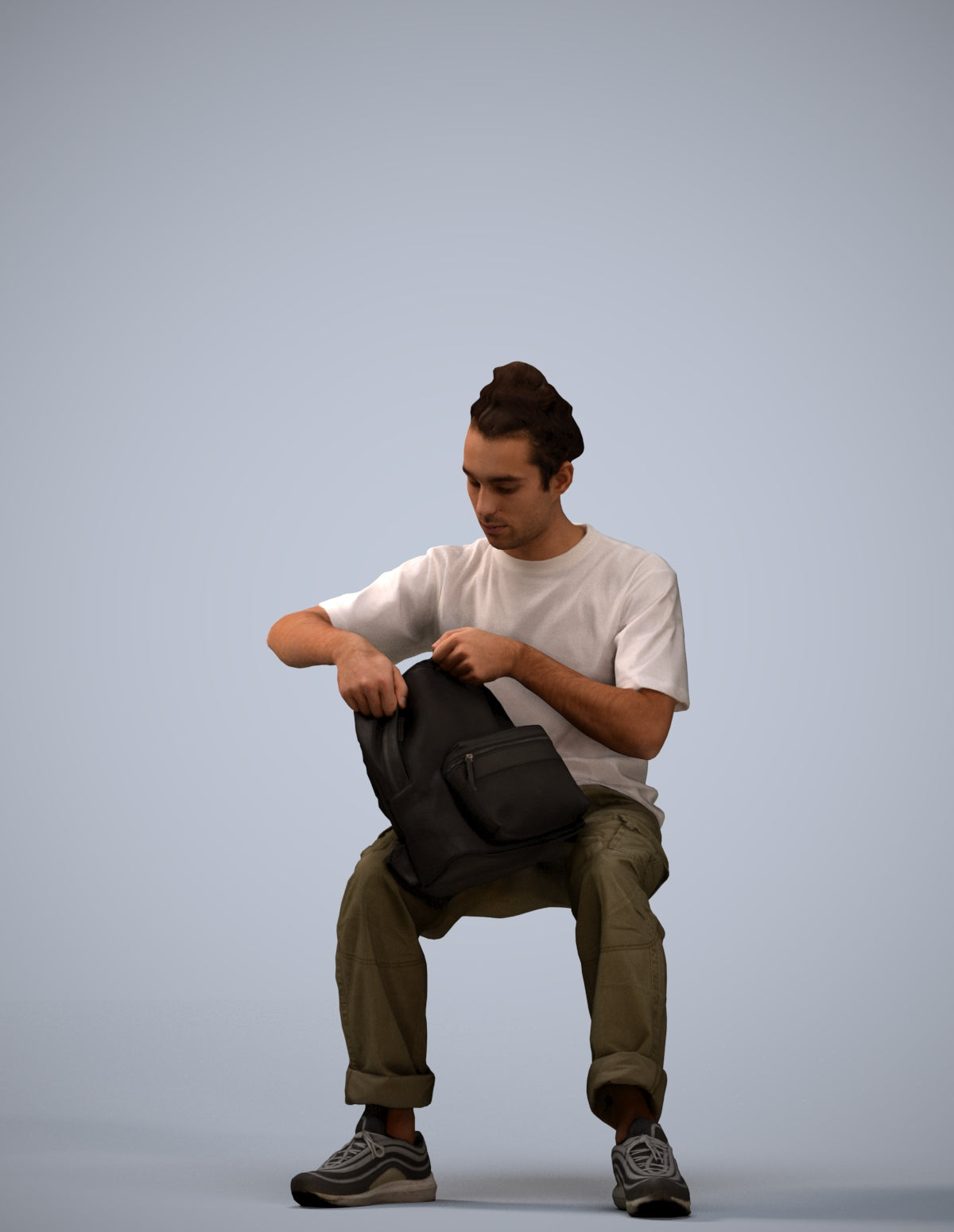 3D human model man casual sitting, photogrammetry scanned person for archviz