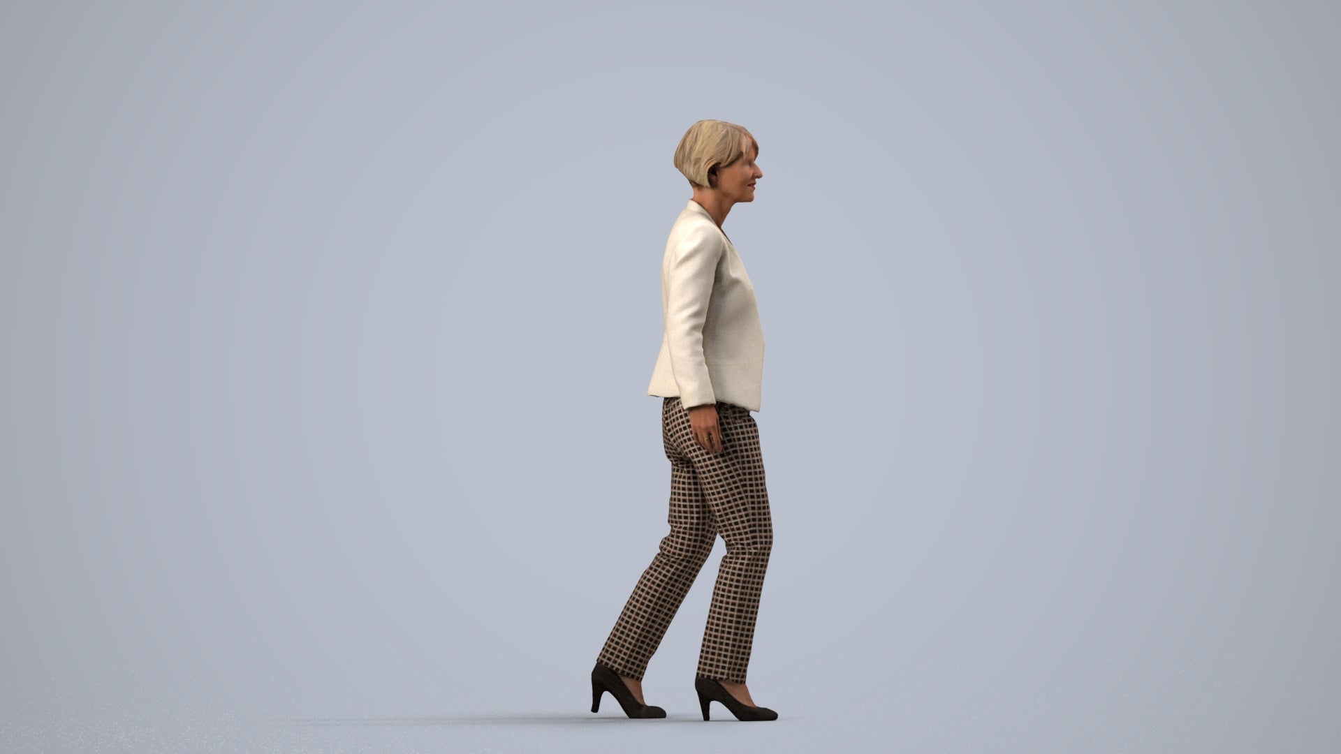 3D people model senior woman business walking, scanned human for 3ds Max rendering, side view render