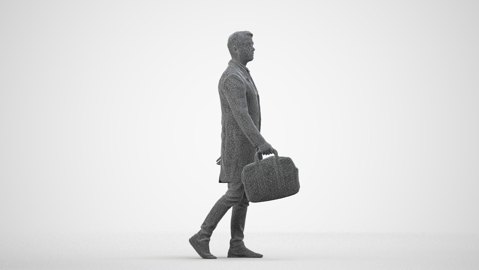 3D human model man business, photogrammetry scanned person for archviz, wireframe side view