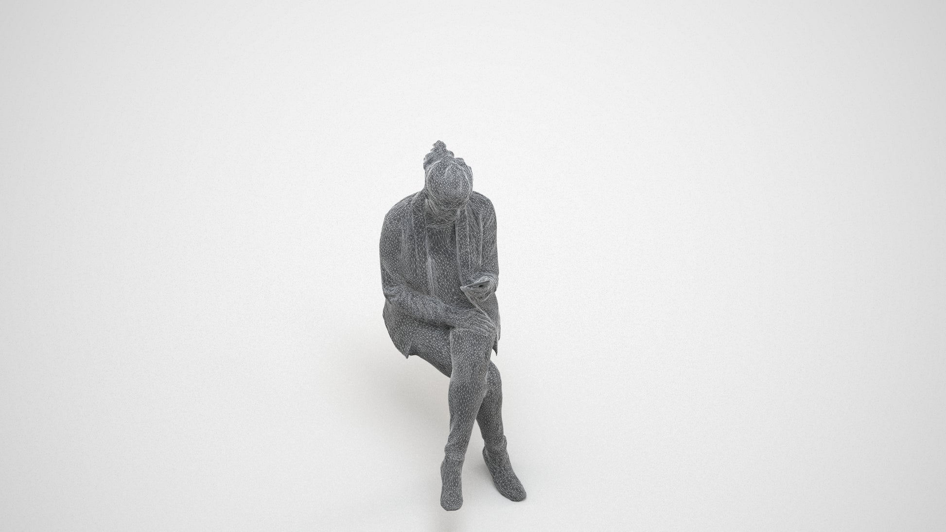 3D scanned woman sitting business, photorealistic archviz people for Enscape and SketchUp, wireframe three-quarter view