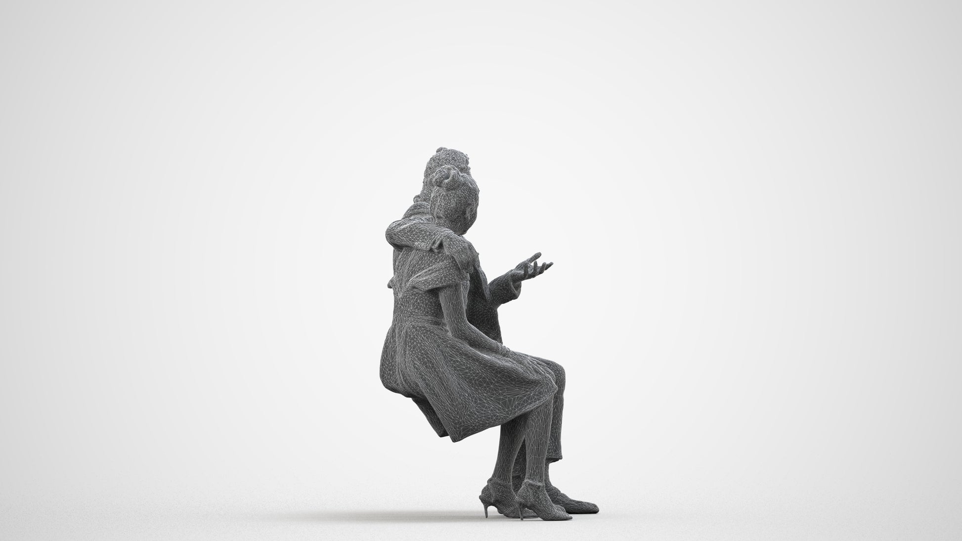 3D human model woman formal sitting, photogrammetry scanned person for archviz, wireframe side view