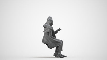 3D human model woman formal sitting, photogrammetry scanned person for archviz, wireframe side view