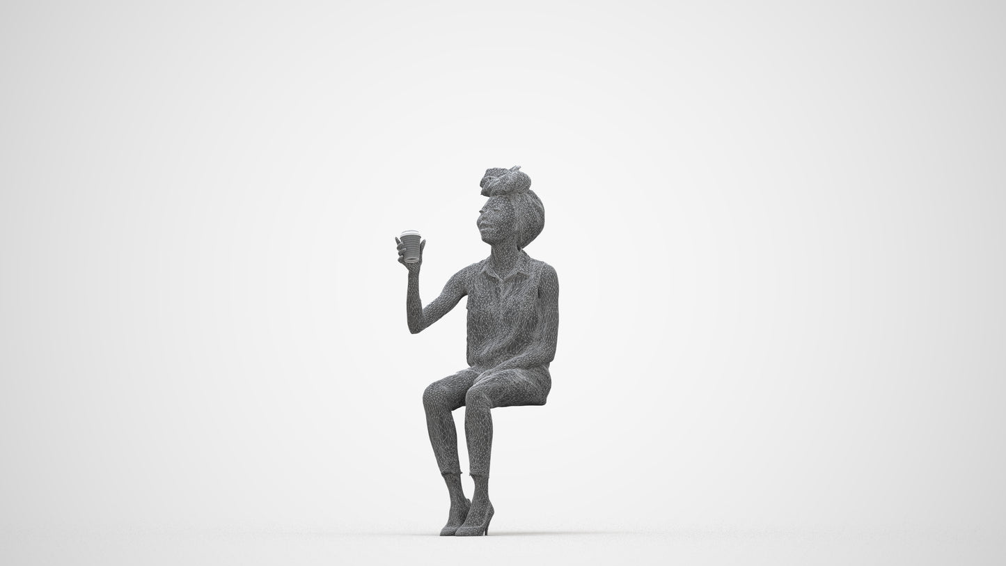 realistic 3D people woman casual sitting, render-ready for V-Ray and Corona, FBX OBJ, wireframe back view