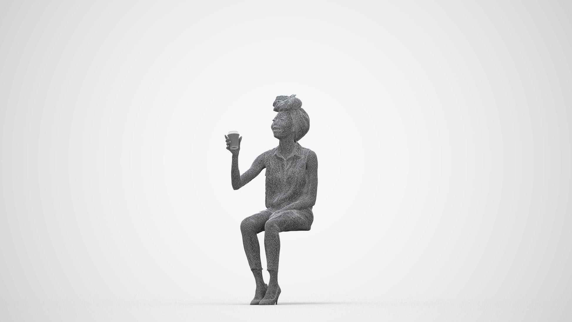 realistic 3D people woman casual sitting, render-ready for V-Ray and Corona, FBX OBJ, wireframe back view