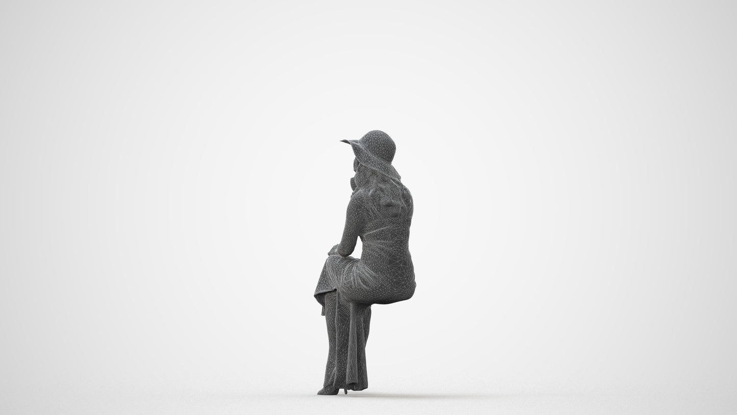 3D human model woman casual sitting, photogrammetry scanned person for archviz, square thumbnail