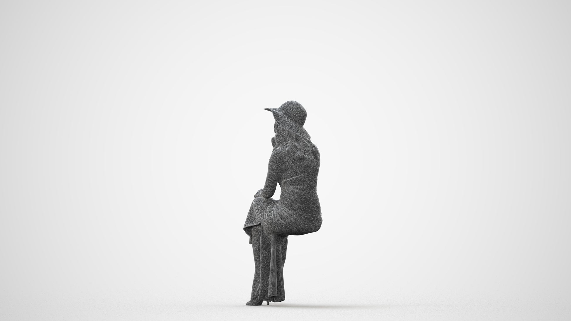 3D human model woman casual sitting, photogrammetry scanned person for archviz, square thumbnail