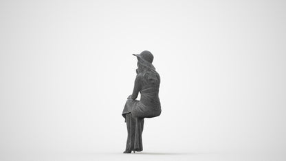 3D human model woman casual sitting, photogrammetry scanned person for archviz, square thumbnail