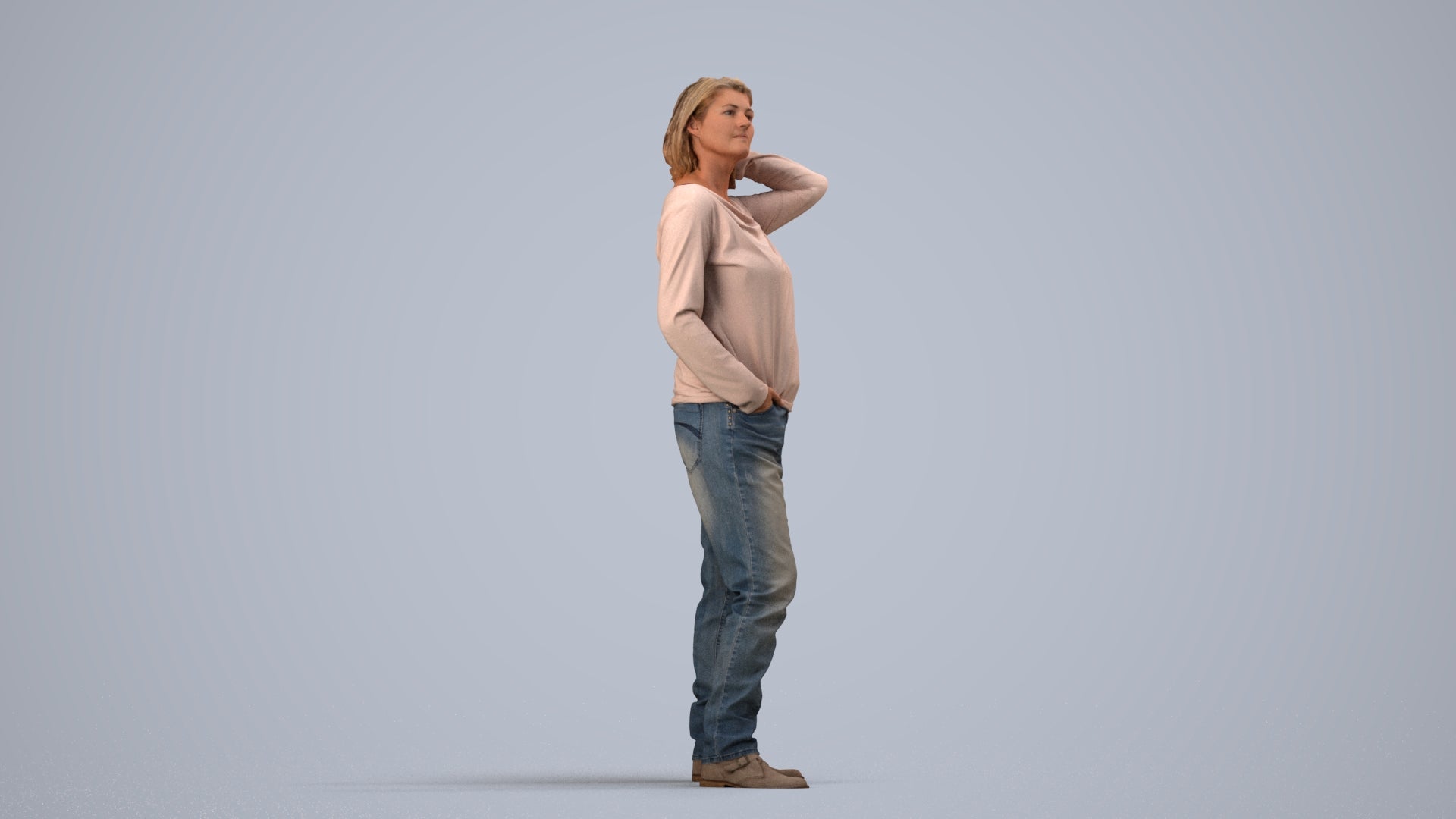 3D people model woman casual standing, scanned human for 3ds Max rendering, side view render