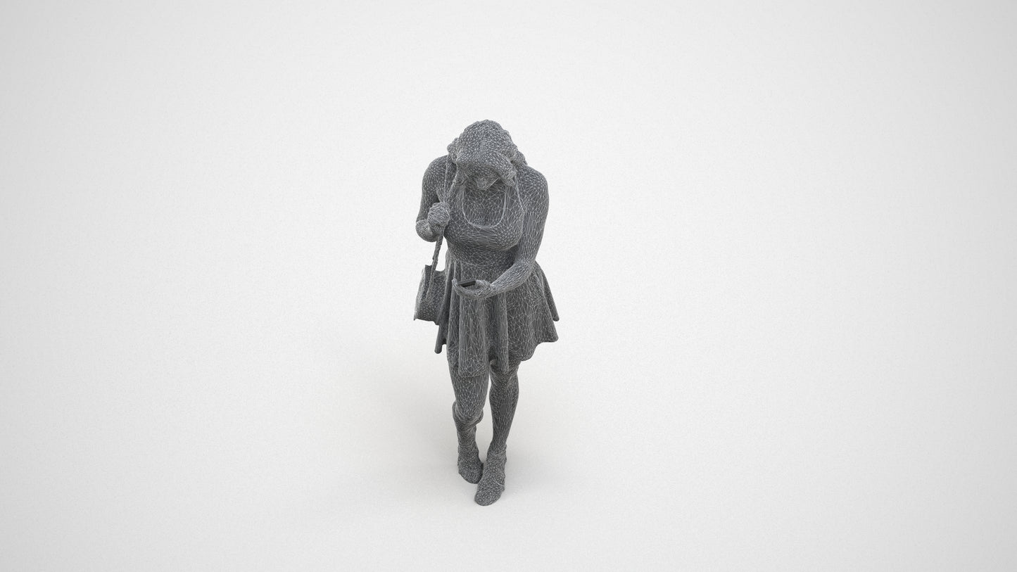 3D people model woman standing, scanned human for 3ds Max rendering, wireframe three-quarter view
