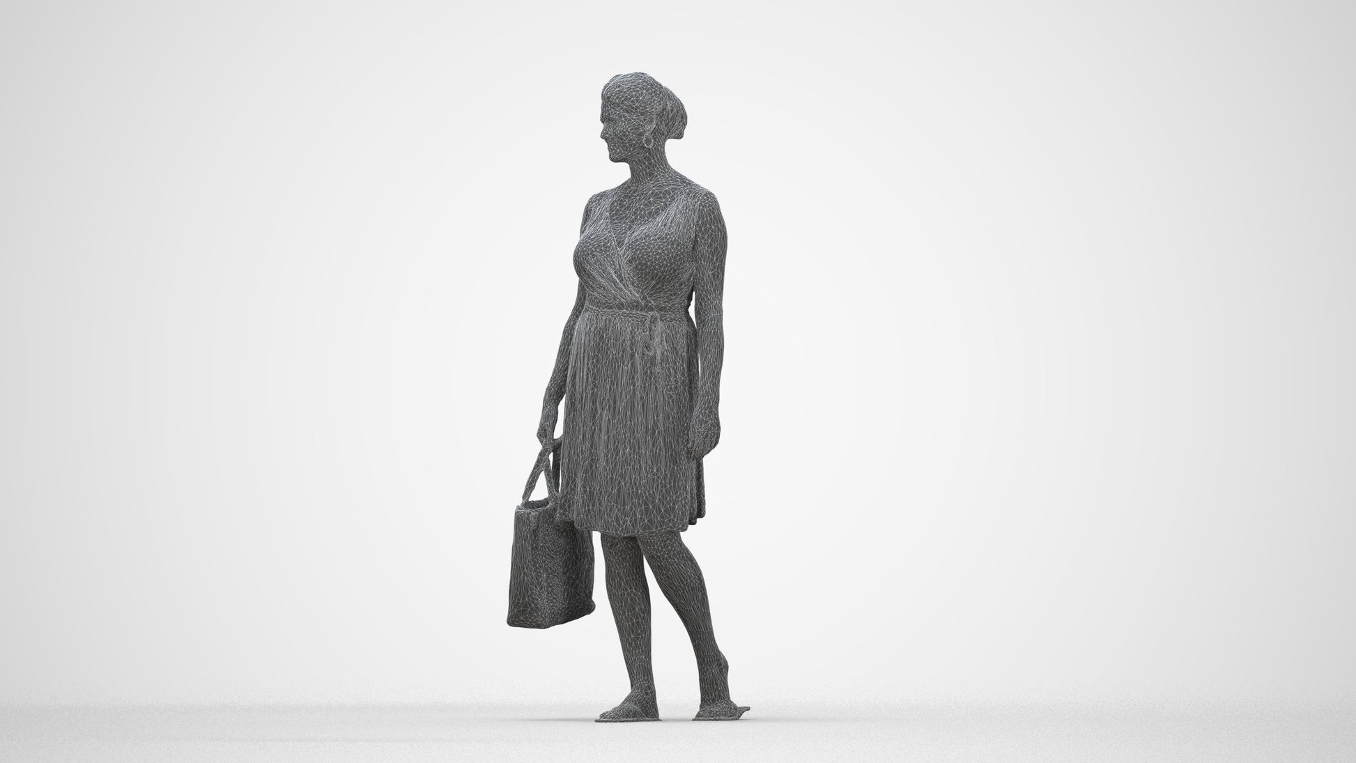 3D scanned woman shopping casual, photorealistic archviz people for Enscape and SketchUp, wireframe back view
