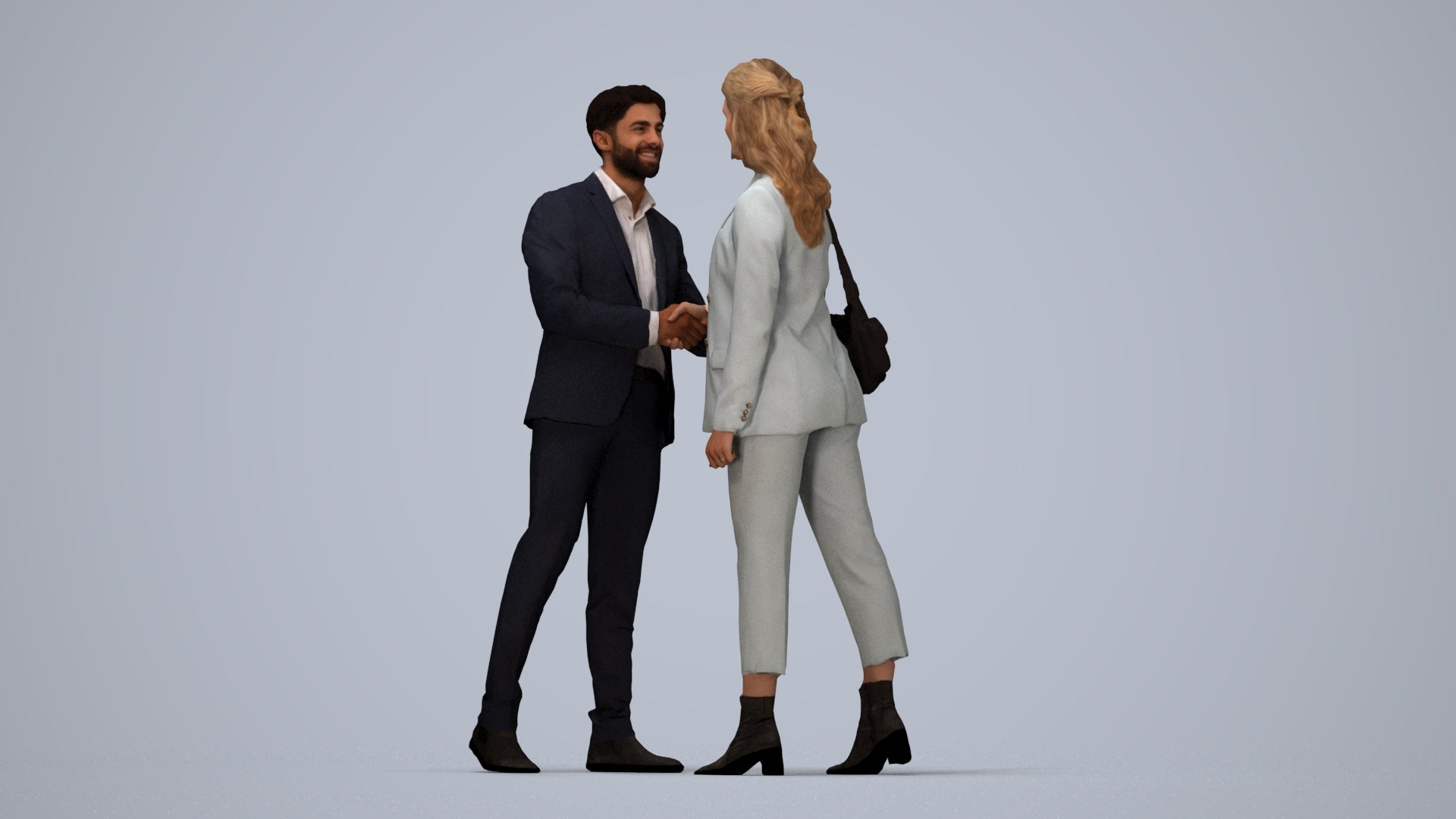 3D human model woman business, photogrammetry scanned person for archviz, top-down view render