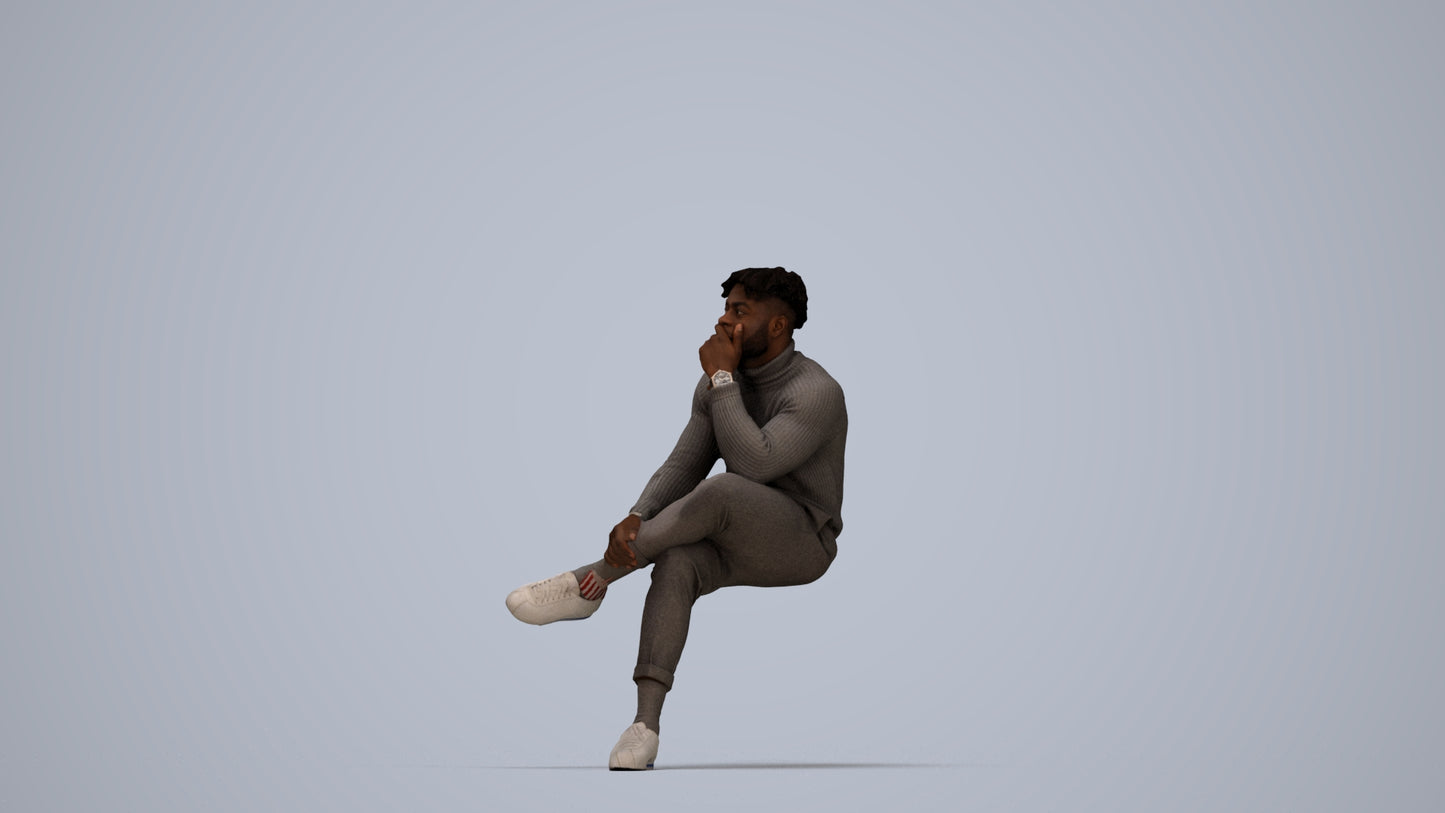 3D people model man casual sitting, scanned human for 3ds Max rendering, top-down view render
