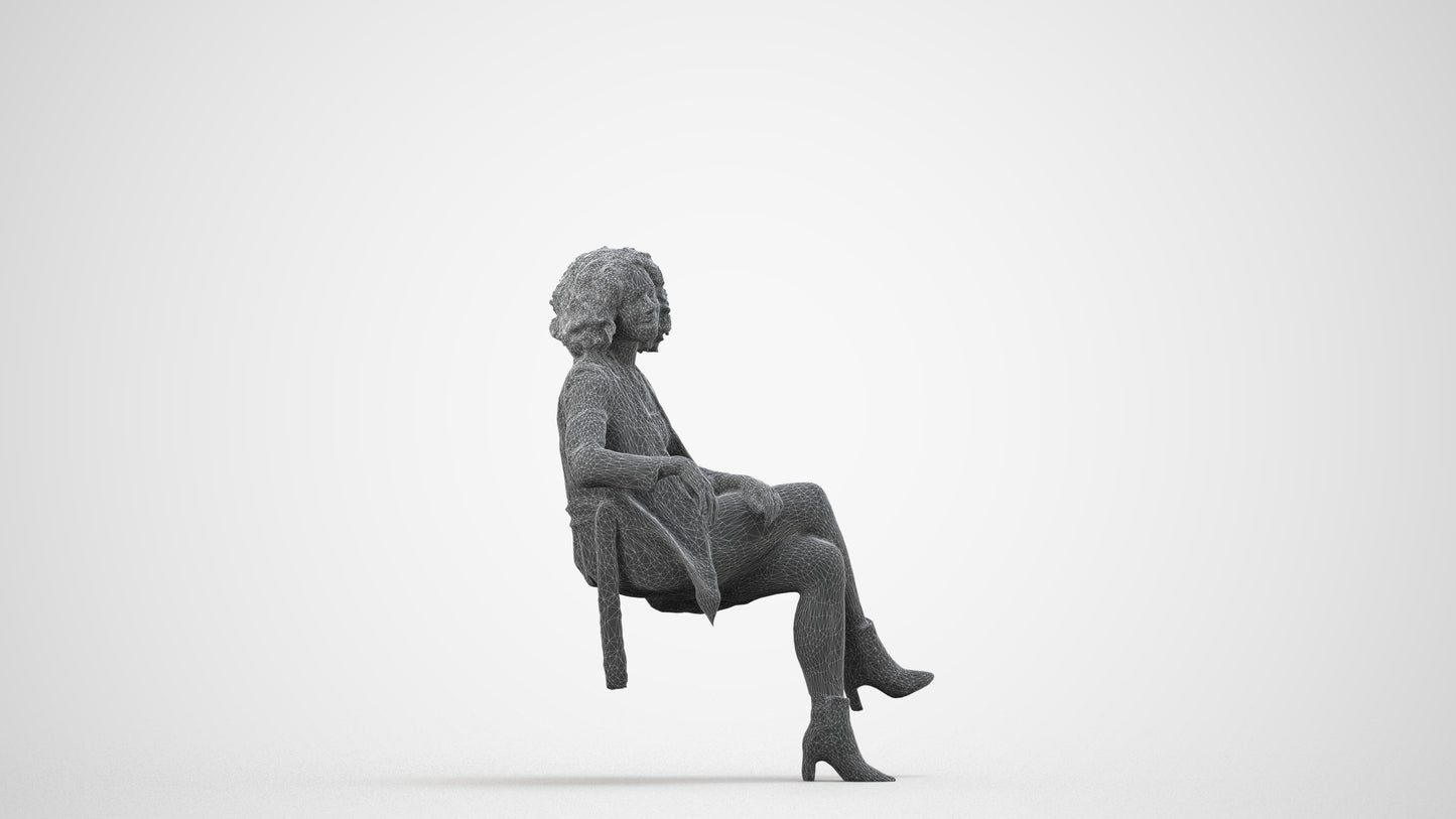 photogrammetry 3D woman business sitting, realistic human model archviz FBX, wireframe side view
