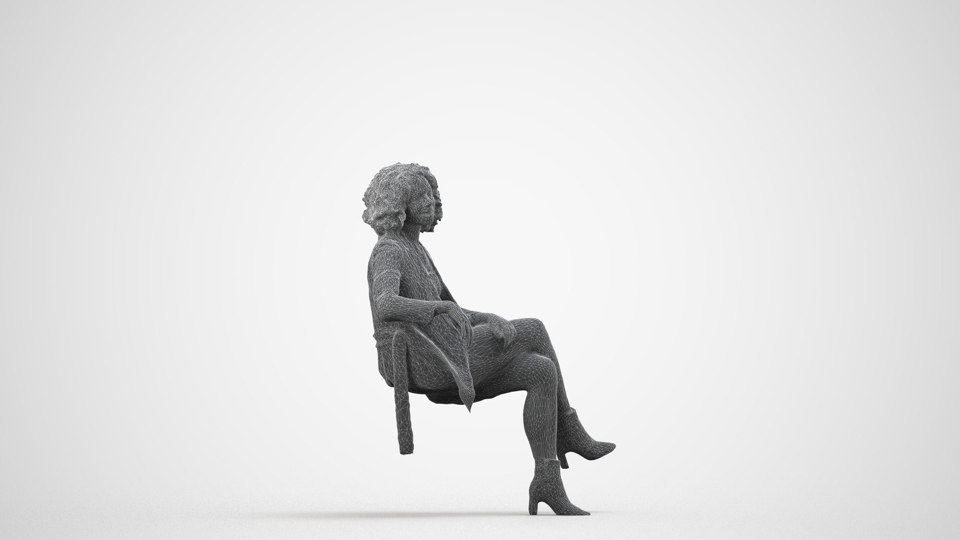 photogrammetry 3D woman business sitting, realistic human model archviz FBX, wireframe side view