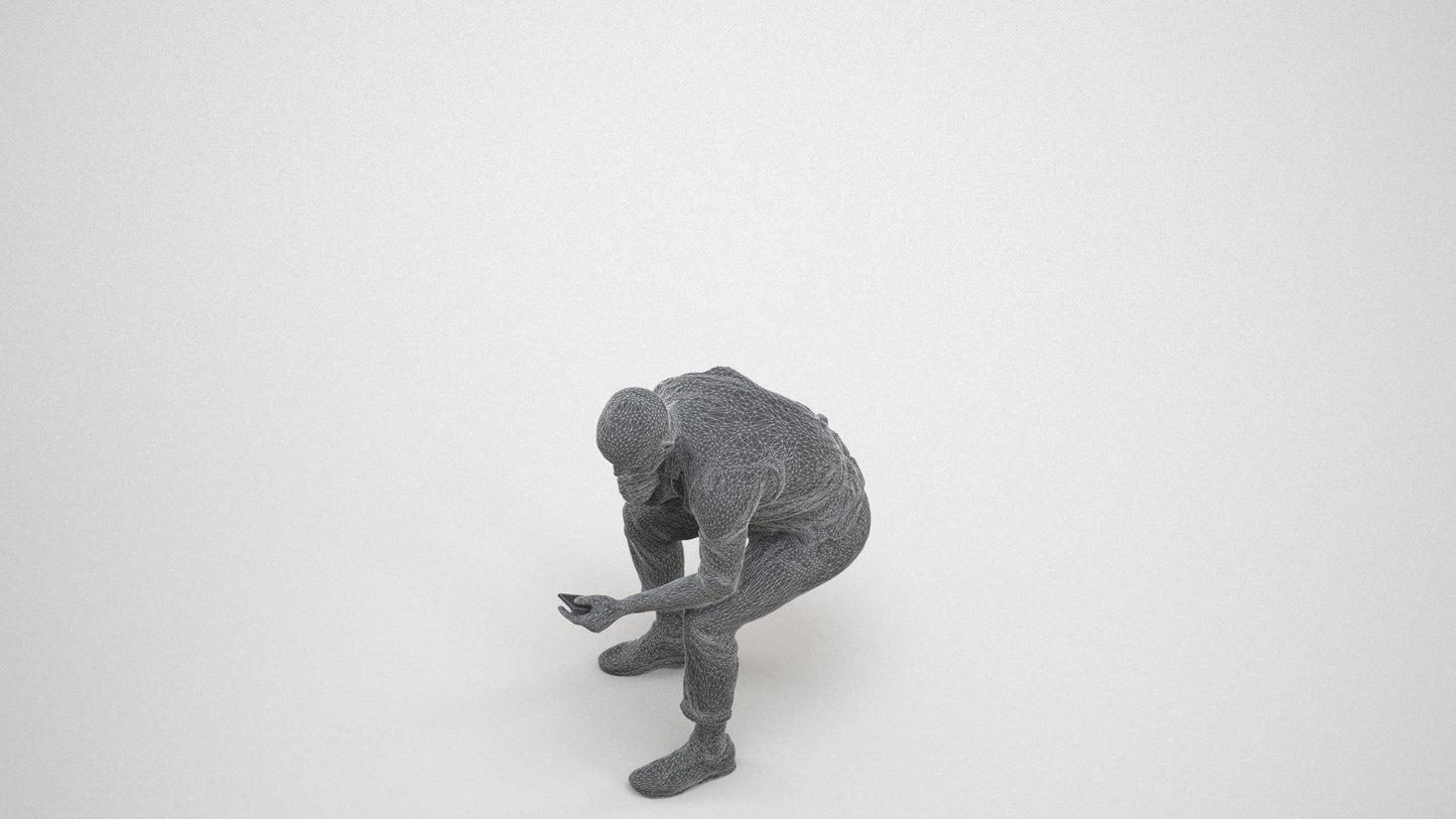 3D scanned man sitting business, photorealistic archviz people for Enscape and SketchUp, wireframe three-quarter view