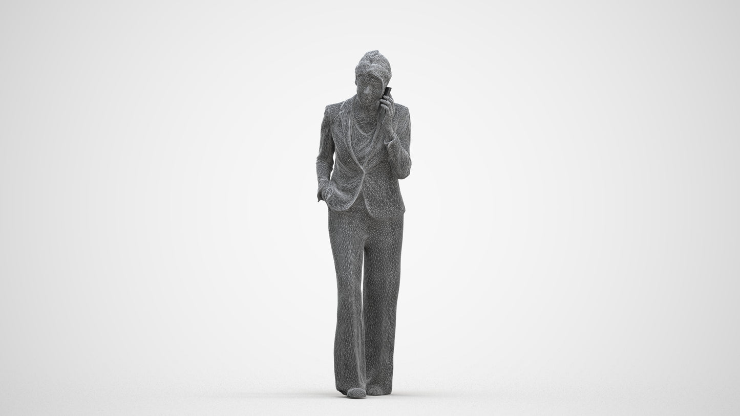 3D human model woman business, photogrammetry scanned person for archviz, three-quarter front view render