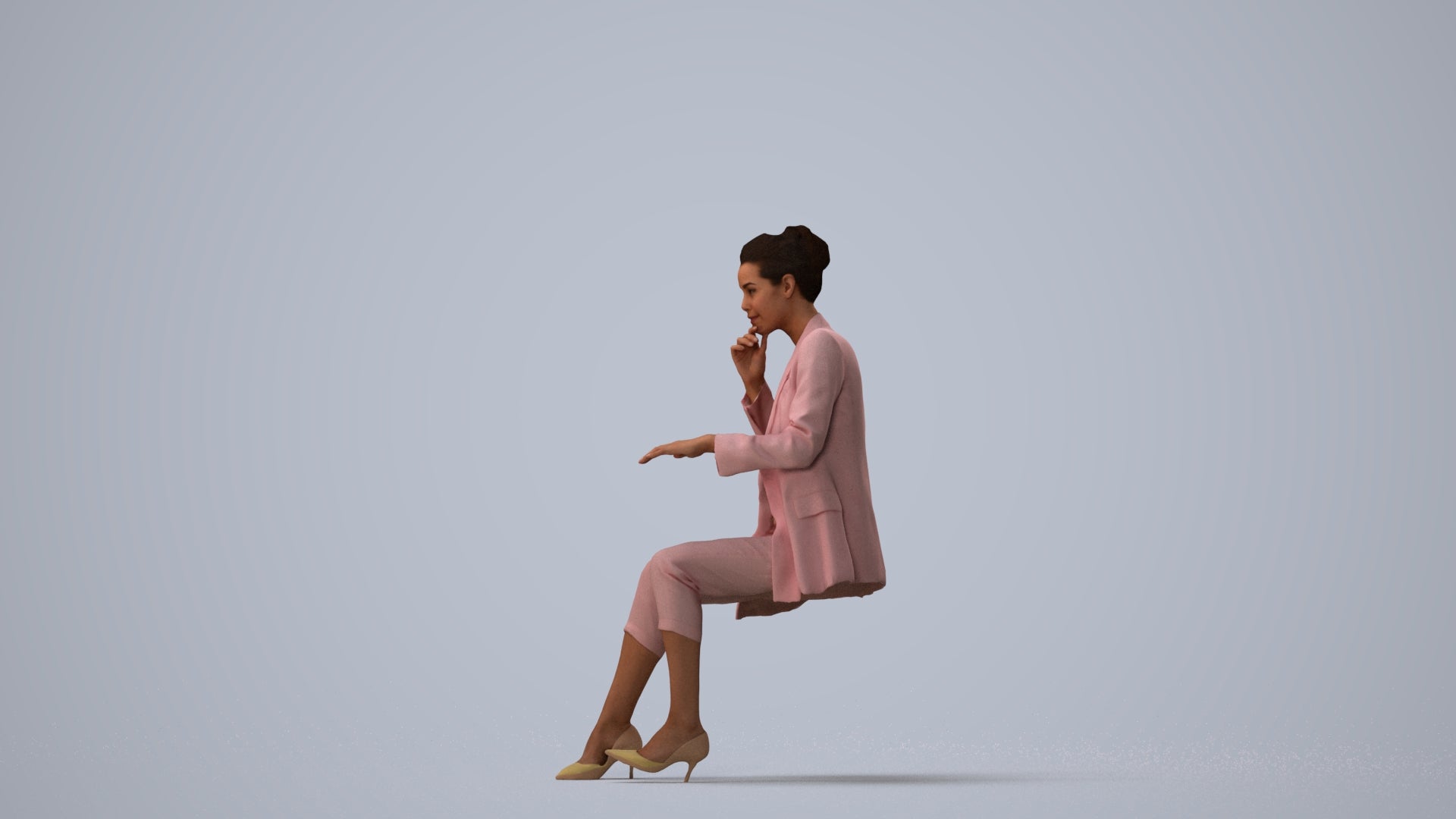 photogrammetry 3D woman business sitting, realistic human model archviz FBX, three-quarter view render