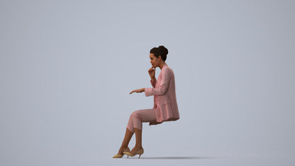 photogrammetry 3D woman business sitting, realistic human model archviz FBX, three-quarter view render