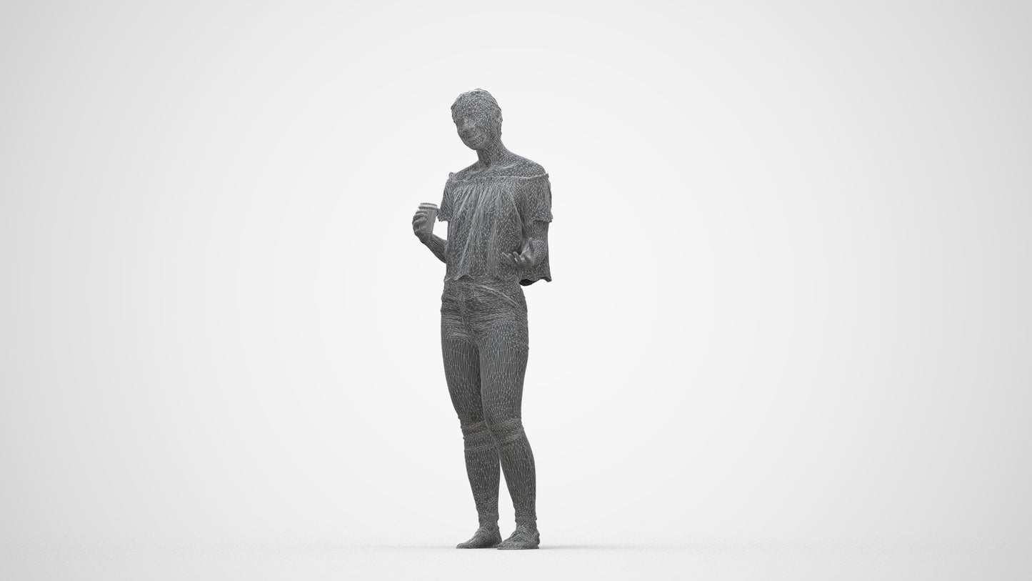 3D scanned woman standing casual, photorealistic archviz people for Enscape and SketchUp, wireframe back view