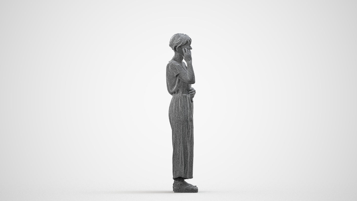 realistic 3D senior woman casual standing, scanned archviz people for Blender and 3ds Max, wireframe side view