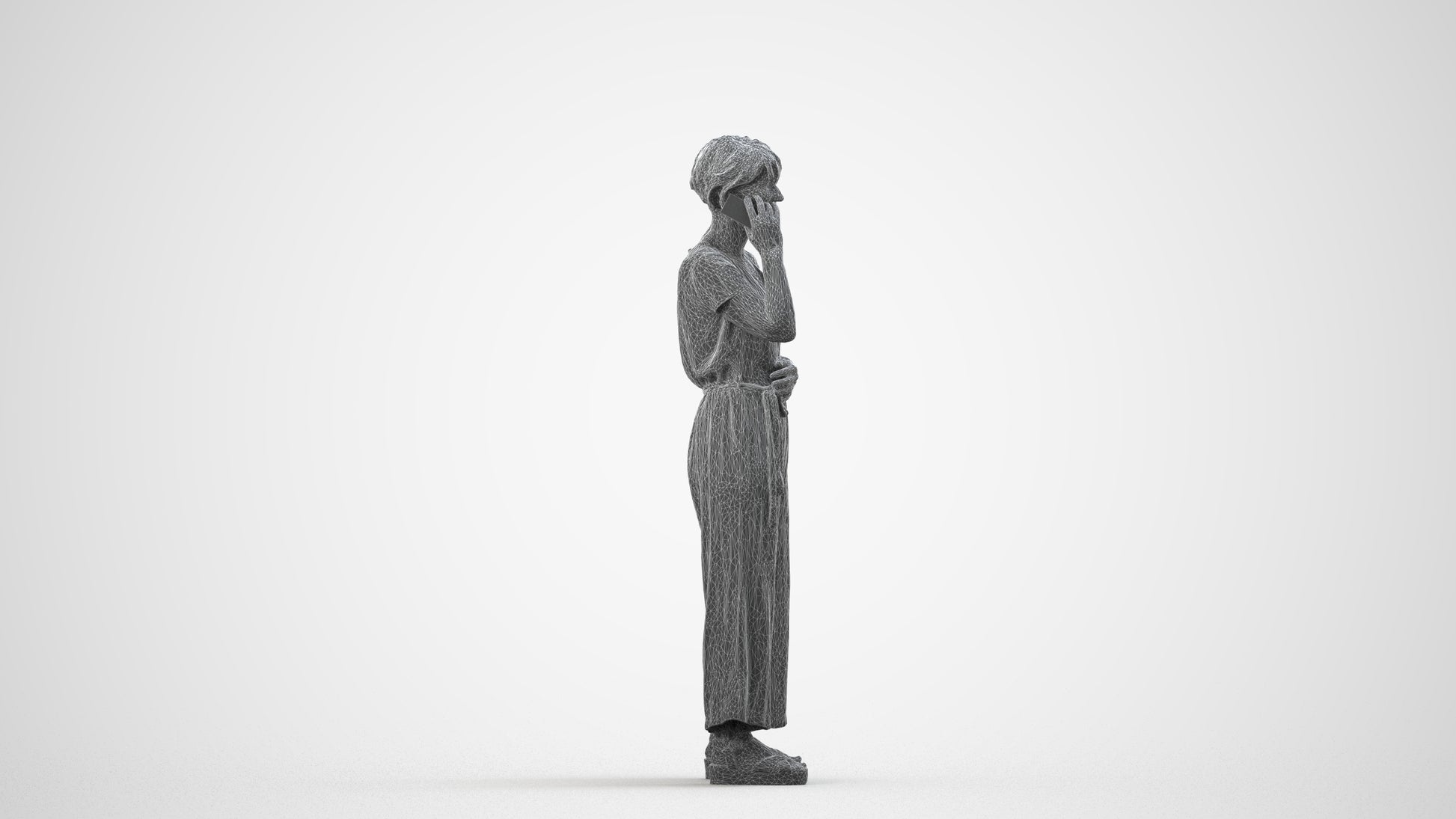 realistic 3D senior woman casual standing, scanned archviz people for Blender and 3ds Max, wireframe side view