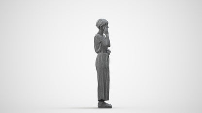 realistic 3D senior woman casual standing, scanned archviz people for Blender and 3ds Max, wireframe side view