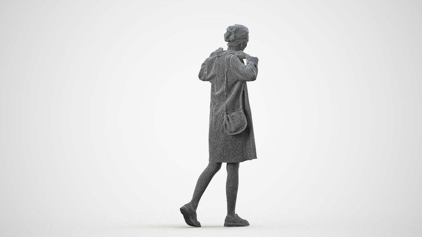 3D human model woman casual walking, photogrammetry scanned person for archviz, wireframe side view