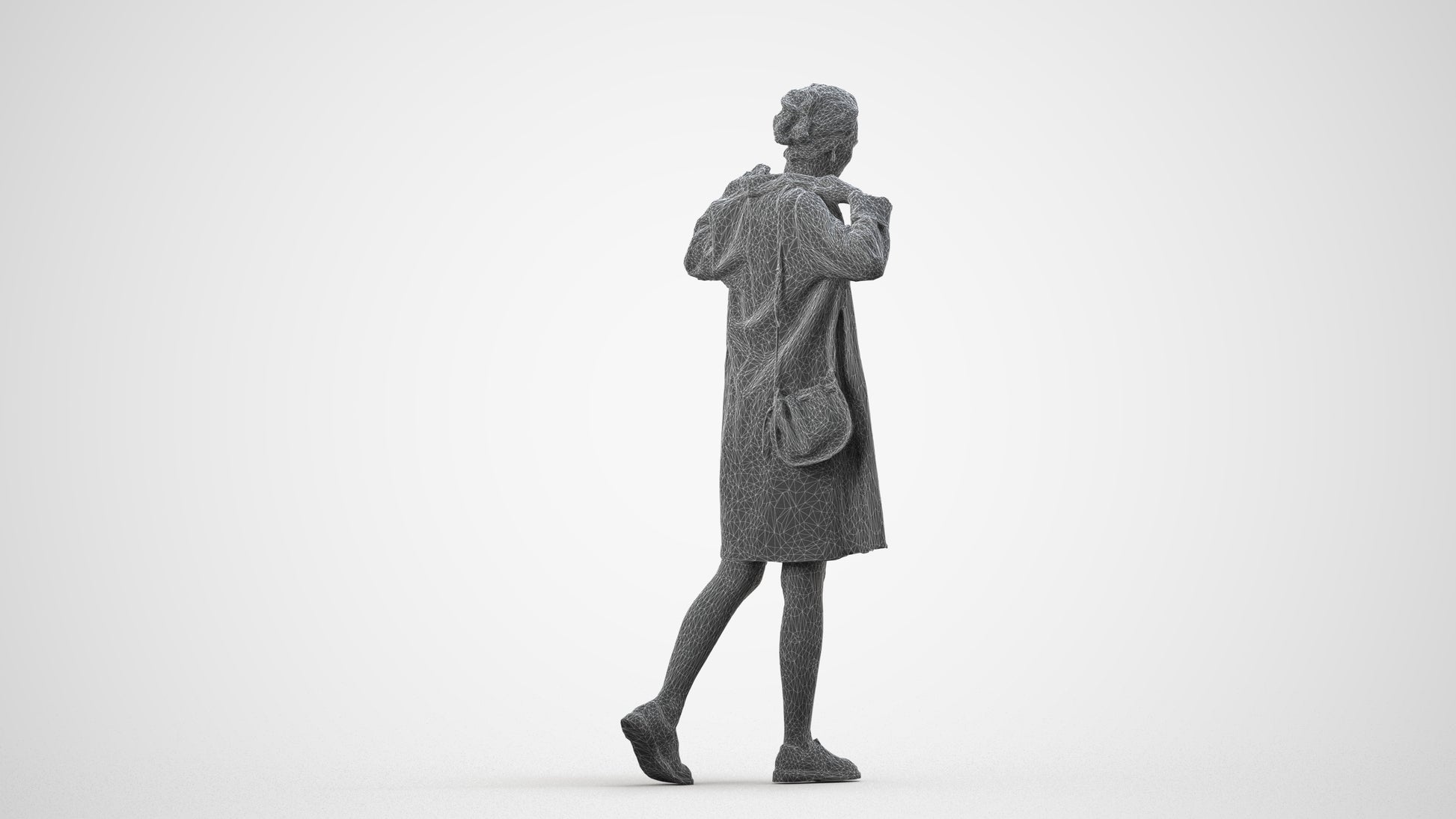 3D human model woman casual walking, photogrammetry scanned person for archviz, wireframe side view