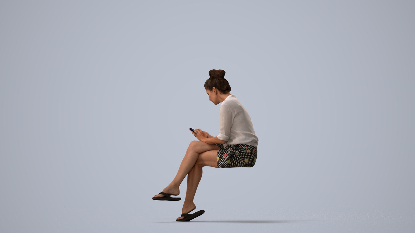 scanned 3D woman casual sitting, photogrammetry people for Enscape and V-Ray, three-quarter view render