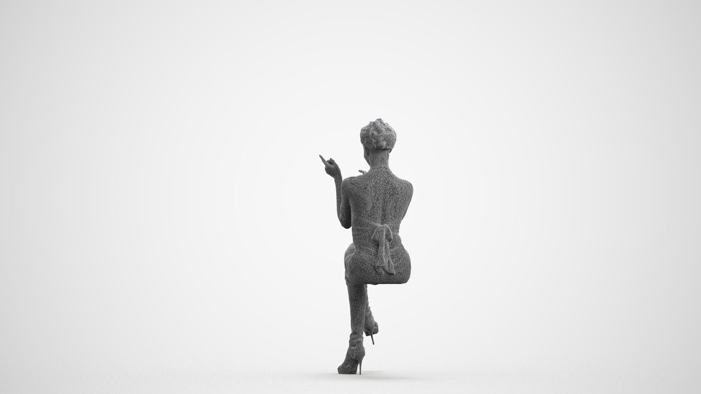 3D scanned woman sitting casual, photorealistic archviz people for Enscape and SketchUp, wireframe front view