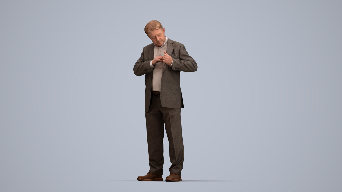 realistic 3D senior man business standing, scanned archviz people for Blender and 3ds Max, top-down view render