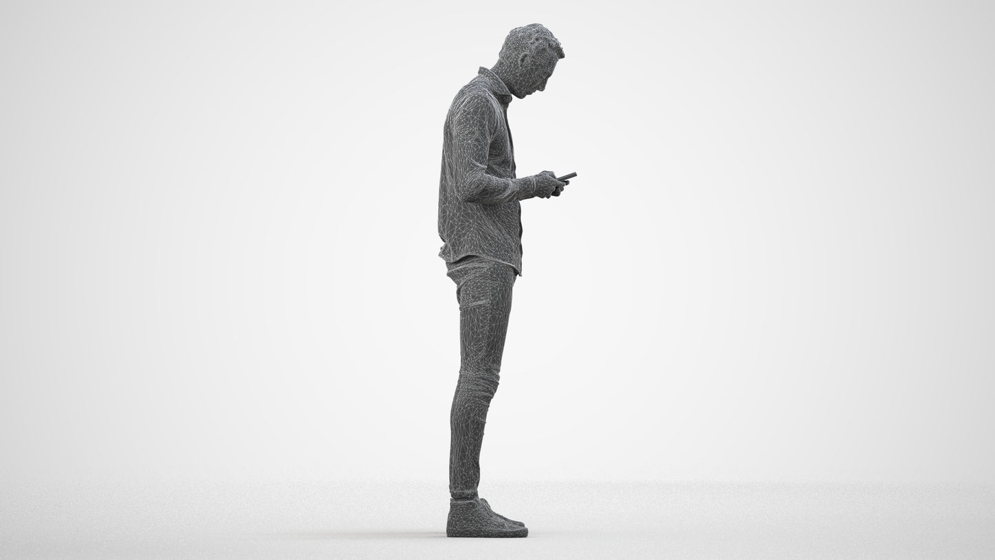 3D people model man casual standing, scanned human for 3ds Max rendering, wireframe side view