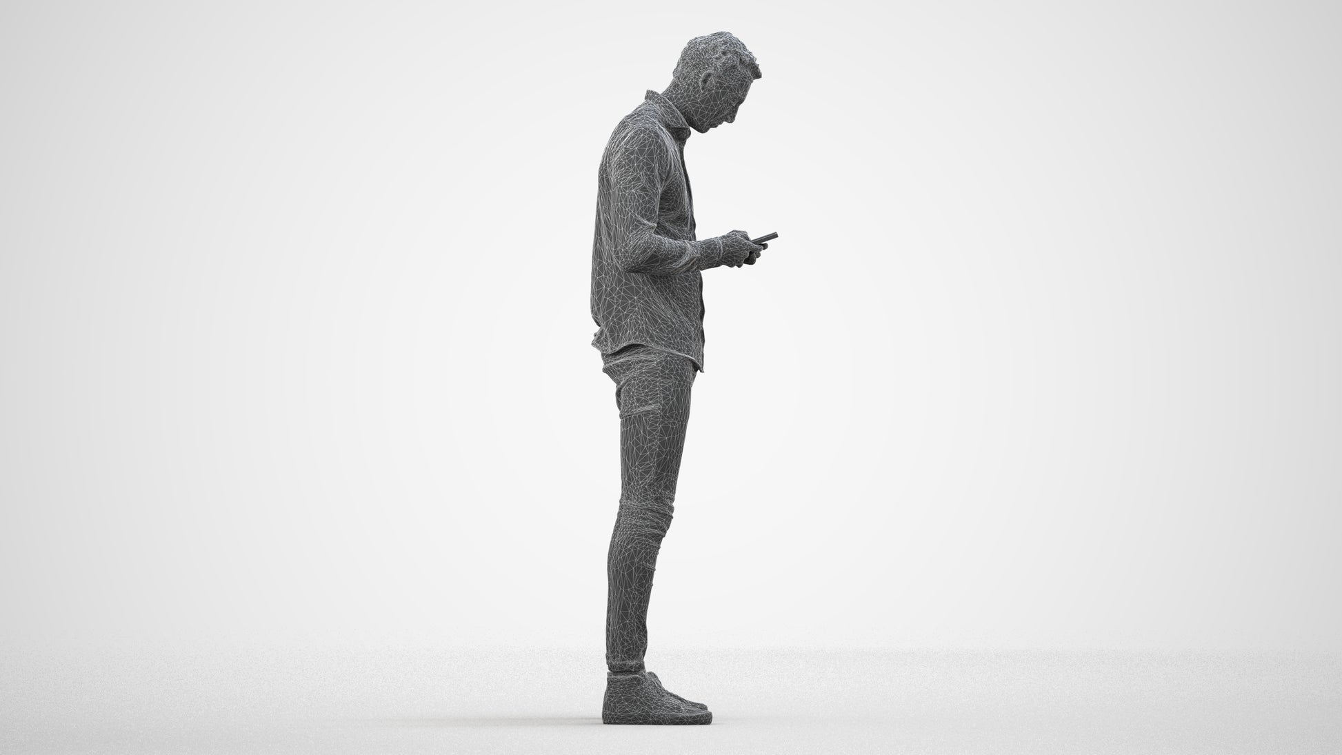 3D people model man casual standing, scanned human for 3ds Max rendering, wireframe side view