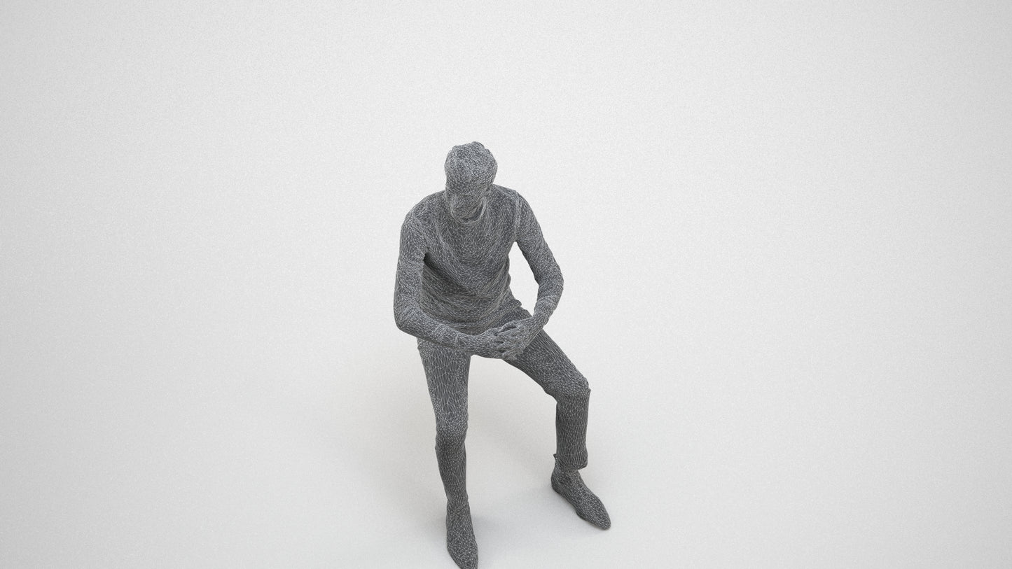 3D human model man casual business, photogrammetry scanned person for archviz, wireframe three-quarter view