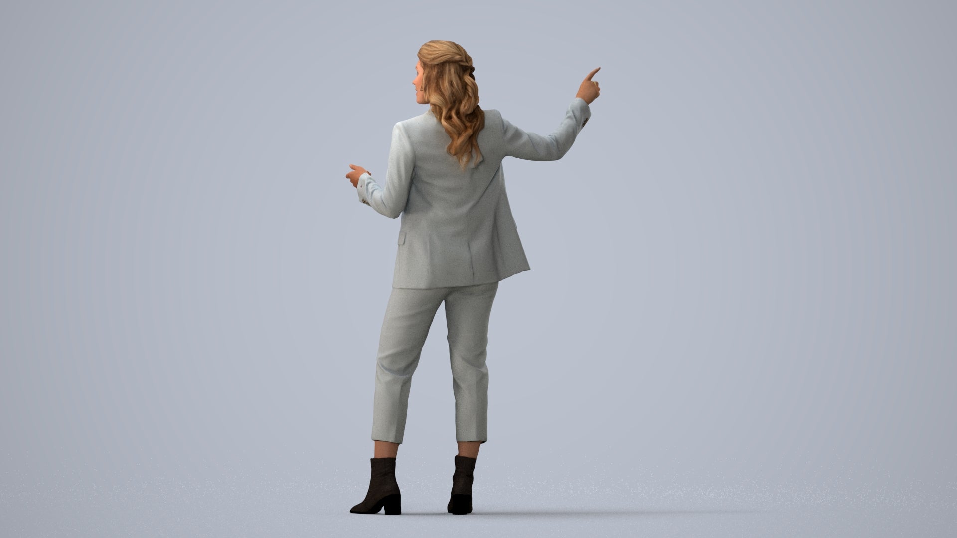 3D human model woman business, photogrammetry scanned person for archviz, three-quarter view render