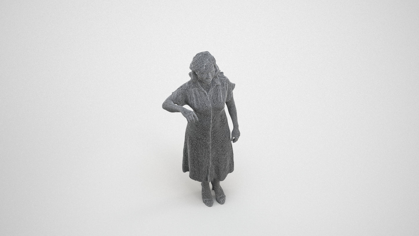 realistic 3D woman casual standing, scanned archviz people for Blender and 3ds Max, wireframe three-quarter view