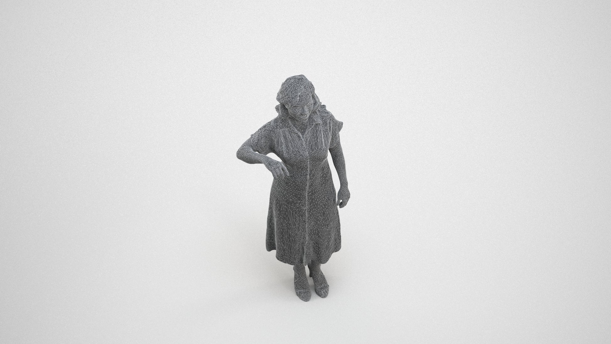 realistic 3D woman casual standing, scanned archviz people for Blender and 3ds Max, wireframe three-quarter view
