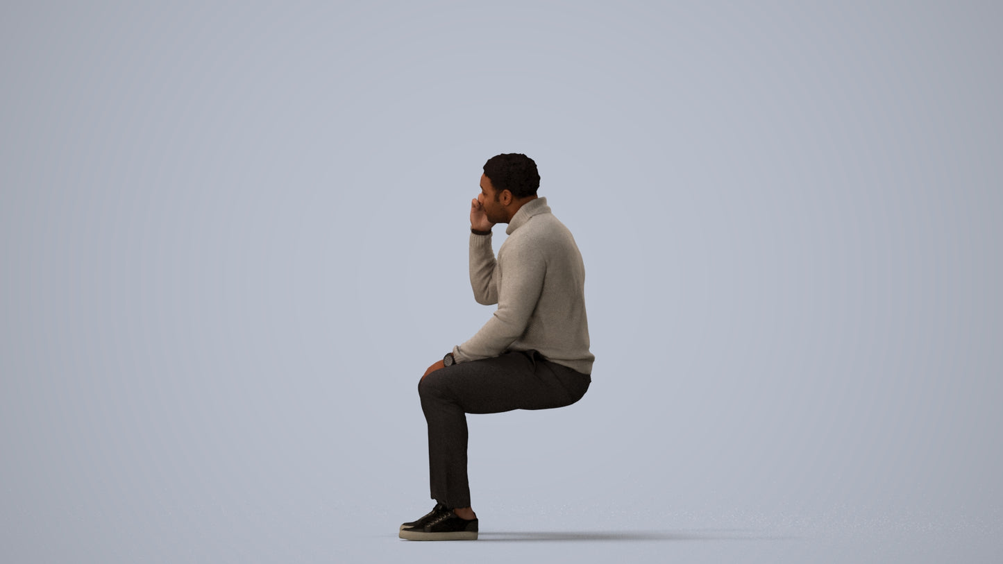 3D human model man casual sitting, photogrammetry scanned person for archviz, three-quarter view render