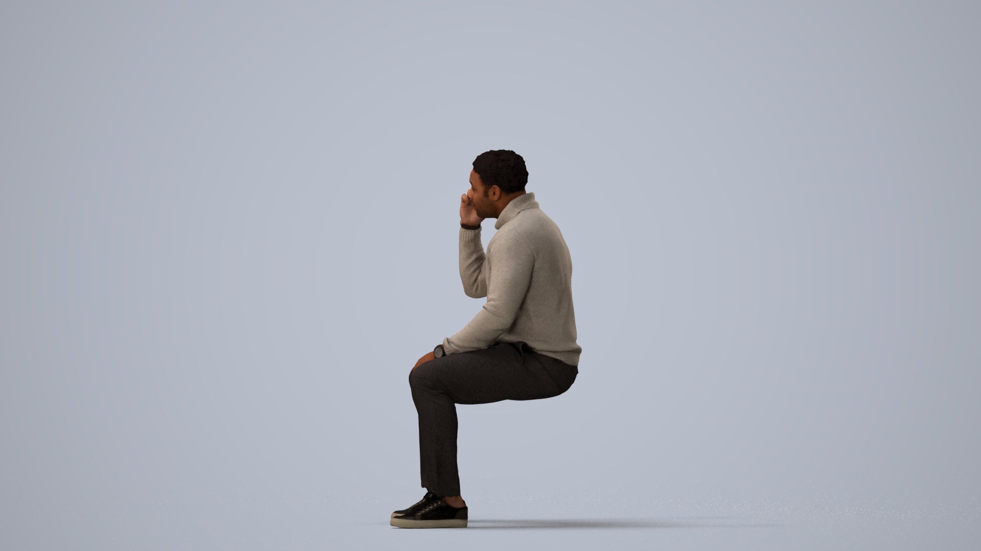 3D human model man casual sitting, photogrammetry scanned person for archviz, three-quarter view render